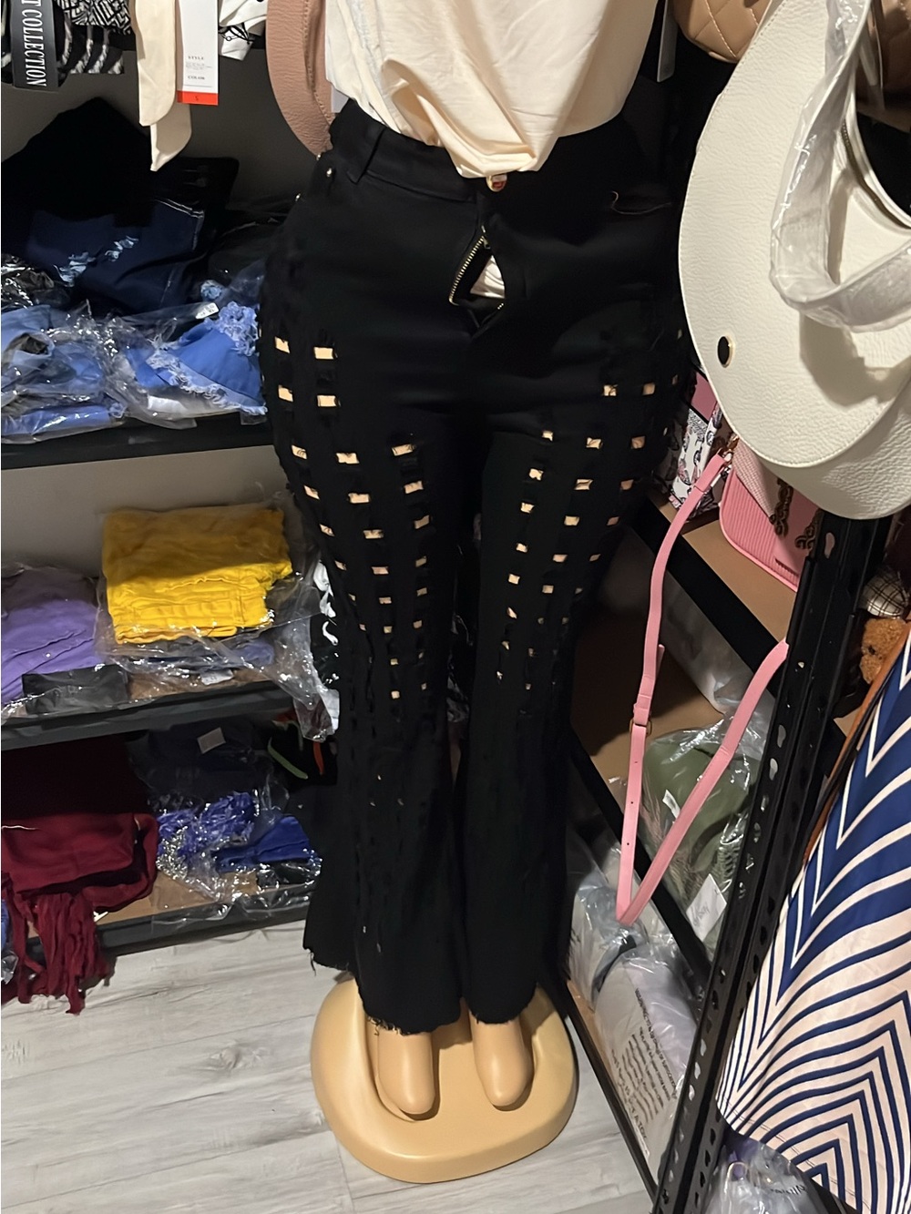 Black Lattice Cutout Flared Pants